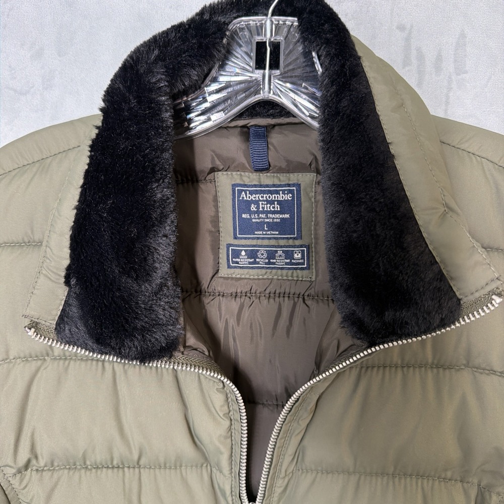 Abercrombie & Fitch Mens L Puffer Jacket Olive Green Faux Fur Collar Packable - Picture 4 of 11
